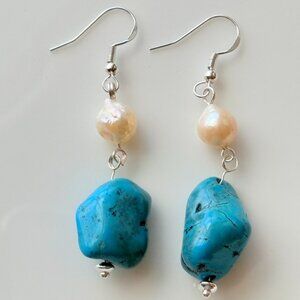 Turquoise Baroque Pearl Earrings S925 Silver Hooks Handmade Unique Gift